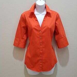 7TH AVENUE NY&COMPANY BUTTON DOWN SHIRT, Sz M, ORANGE, SHORT SLEEVE, STRETCH